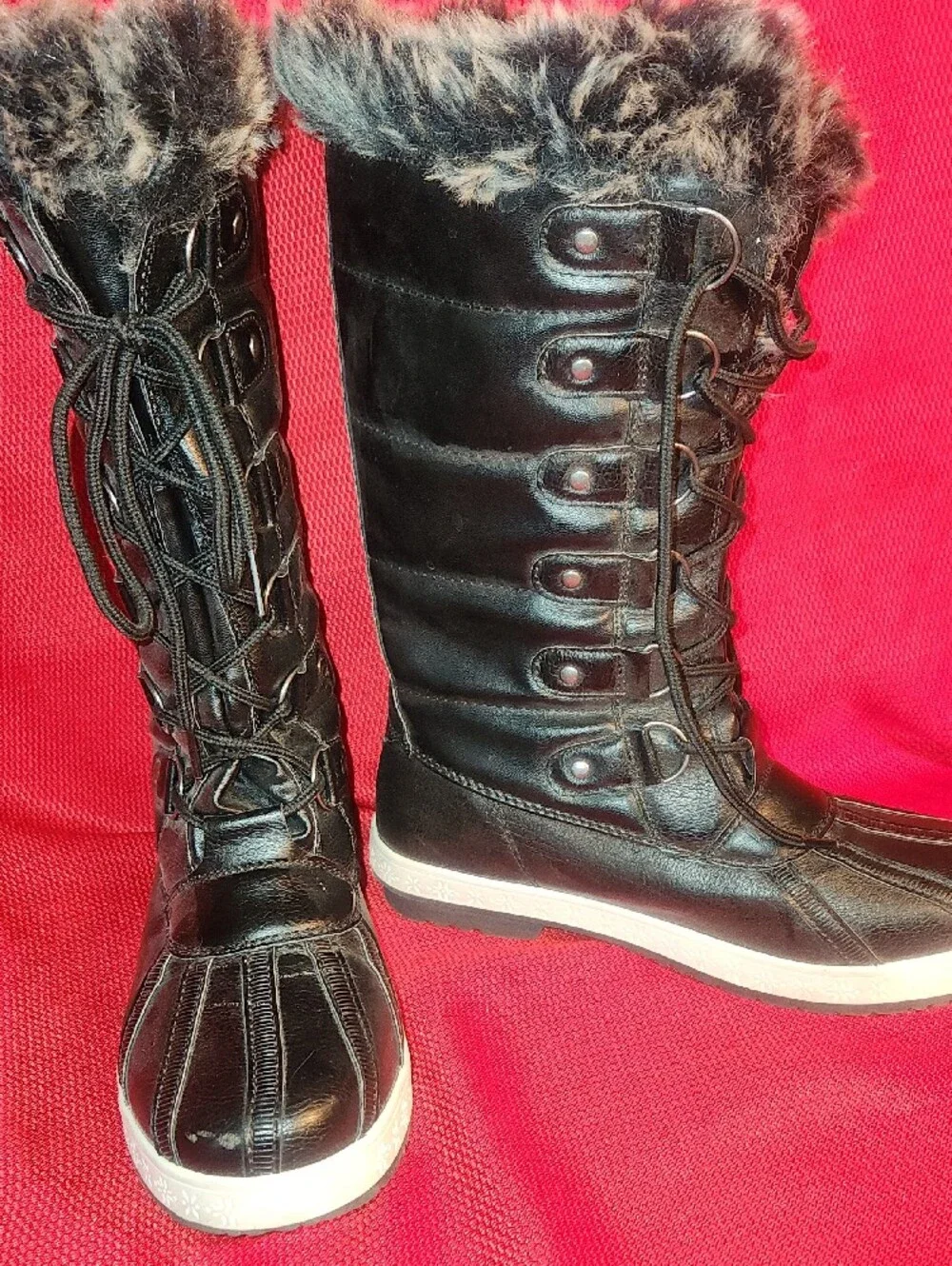JustFab Black Faux-Fur Lace-Up Winter Boots with White Sole
